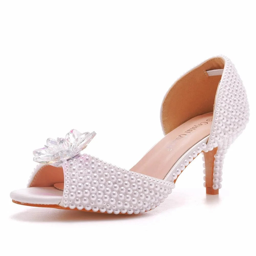 Chaussures Femme Luxury Crystal Buckle Pearls Decor Mujer Sandalias Round-toe Large Size High Heeled Sandals Women Wedding Shoes