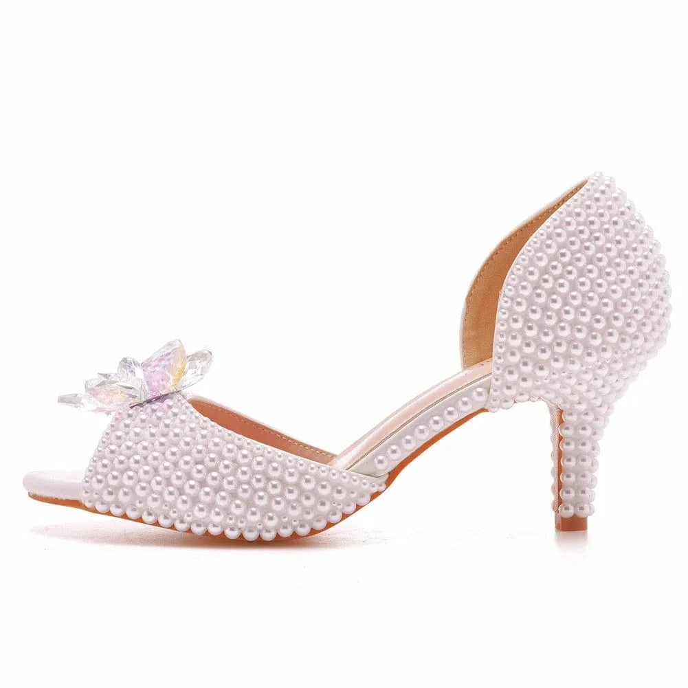 Chaussures Femme Luxury Crystal Buckle Pearls Decor Mujer Sandalias Round-toe Large Size High Heeled Sandals Women Wedding Shoes