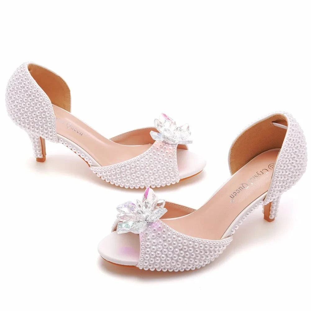 Chaussures Femme Luxury Crystal Buckle Pearls Decor Mujer Sandalias Round-toe Large Size High Heeled Sandals Women Wedding Shoes