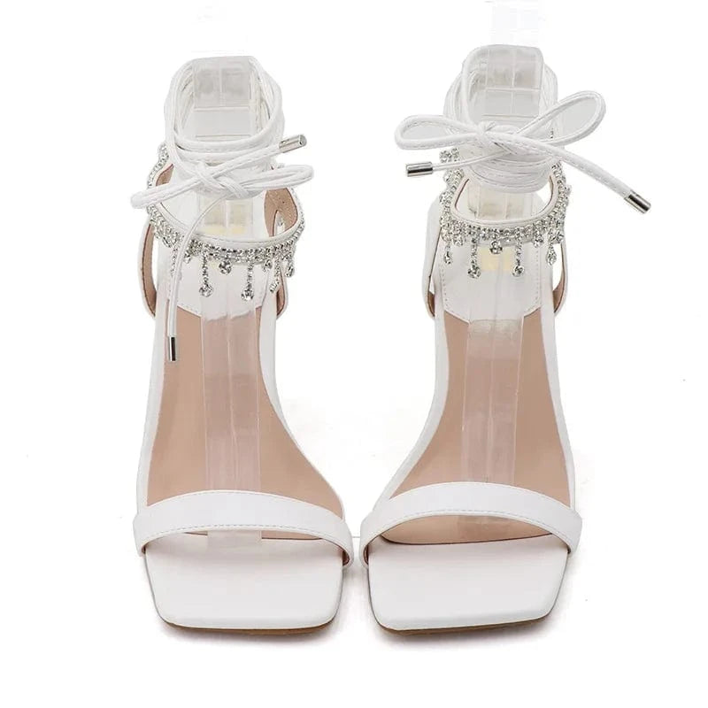 Chaussures Femme Luxury Rhinestone Decor Open-toe Roman Shoes Cross Strap Lace Up High Heel Sandals For Ladies Club Party Sandal