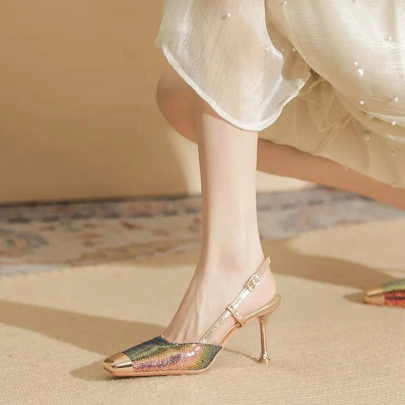 Chaussures Femme Luxury Shiny Metal Sequined Decor Shoes Square-toe Slingback High Heel Sandals Ladies Party Nightclub Sandalias