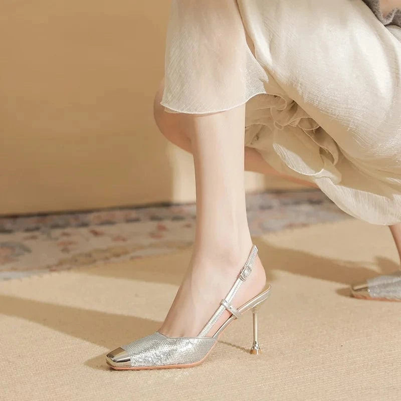 Chaussures Femme Luxury Shiny Metal Sequined Decor Shoes Square-toe Slingback High Heel Sandals Ladies Party Nightclub Sandalias