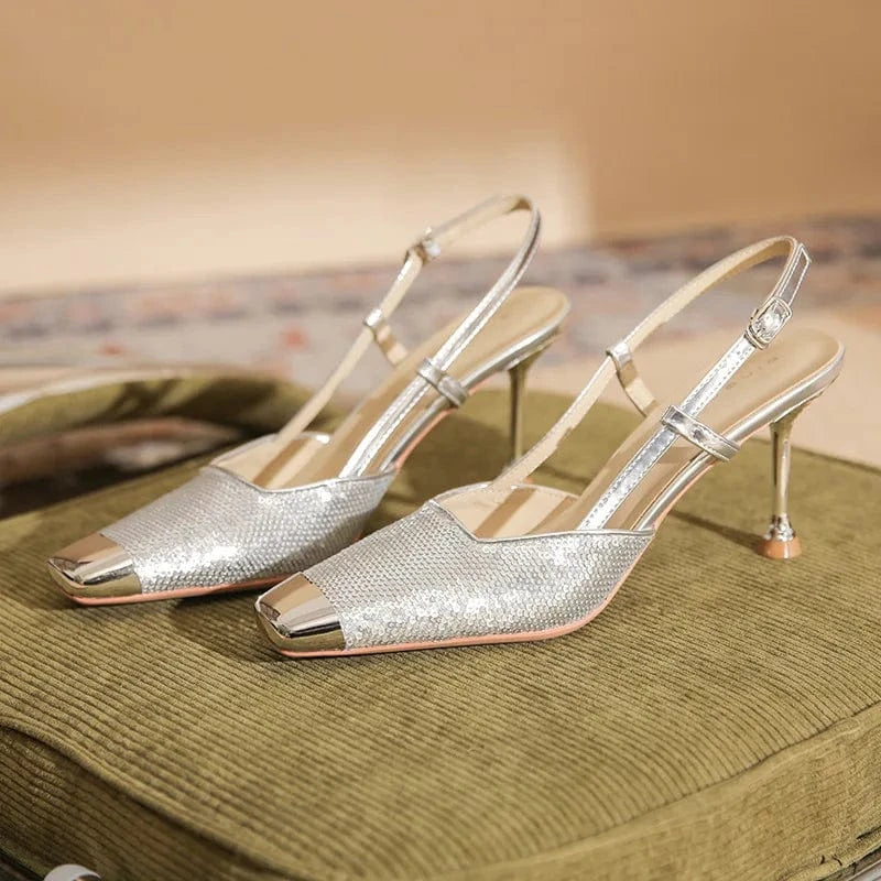Chaussures Femme Luxury Shiny Metal Sequined Decor Shoes Square-toe Slingback High Heel Sandals Ladies Party Nightclub Sandalias