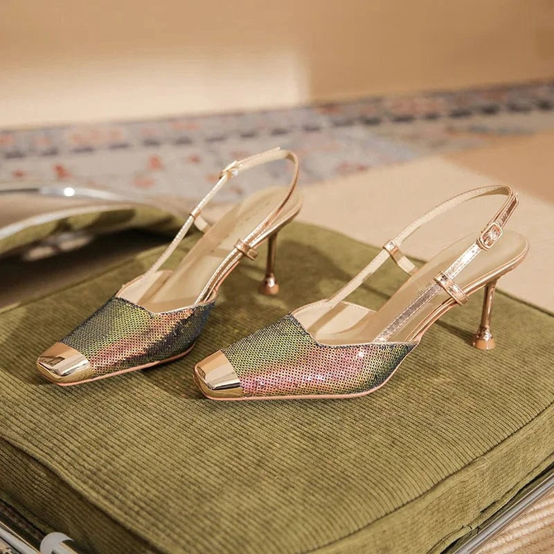 Chaussures Femme Luxury Shiny Metal Sequined Decor Shoes Square-toe Slingback High Heel Sandals Ladies Party Nightclub Sandalias