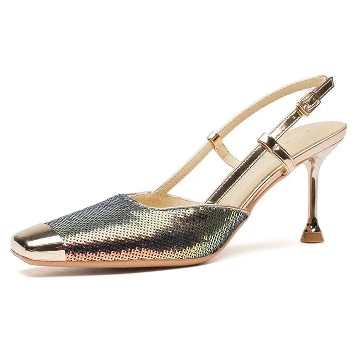 Chaussures Femme Luxury Shiny Metal Sequined Decor Shoes Square-toe Slingback High Heel Sandals Ladies Party Nightclub Sandalias