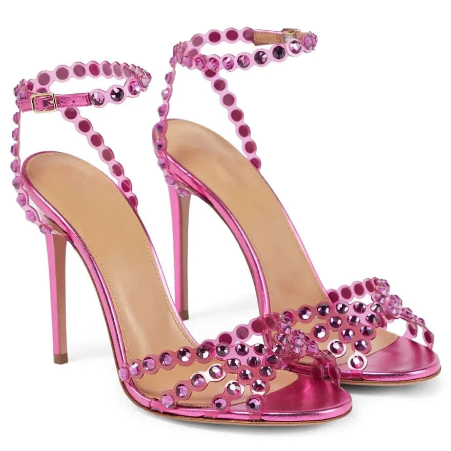 Chaussures Femme Luxury Solid Color Rhinestone Decor Mujer Zapatos Ankle Strap Hollow Out High Heel Sandals Ladies Dress Sandals