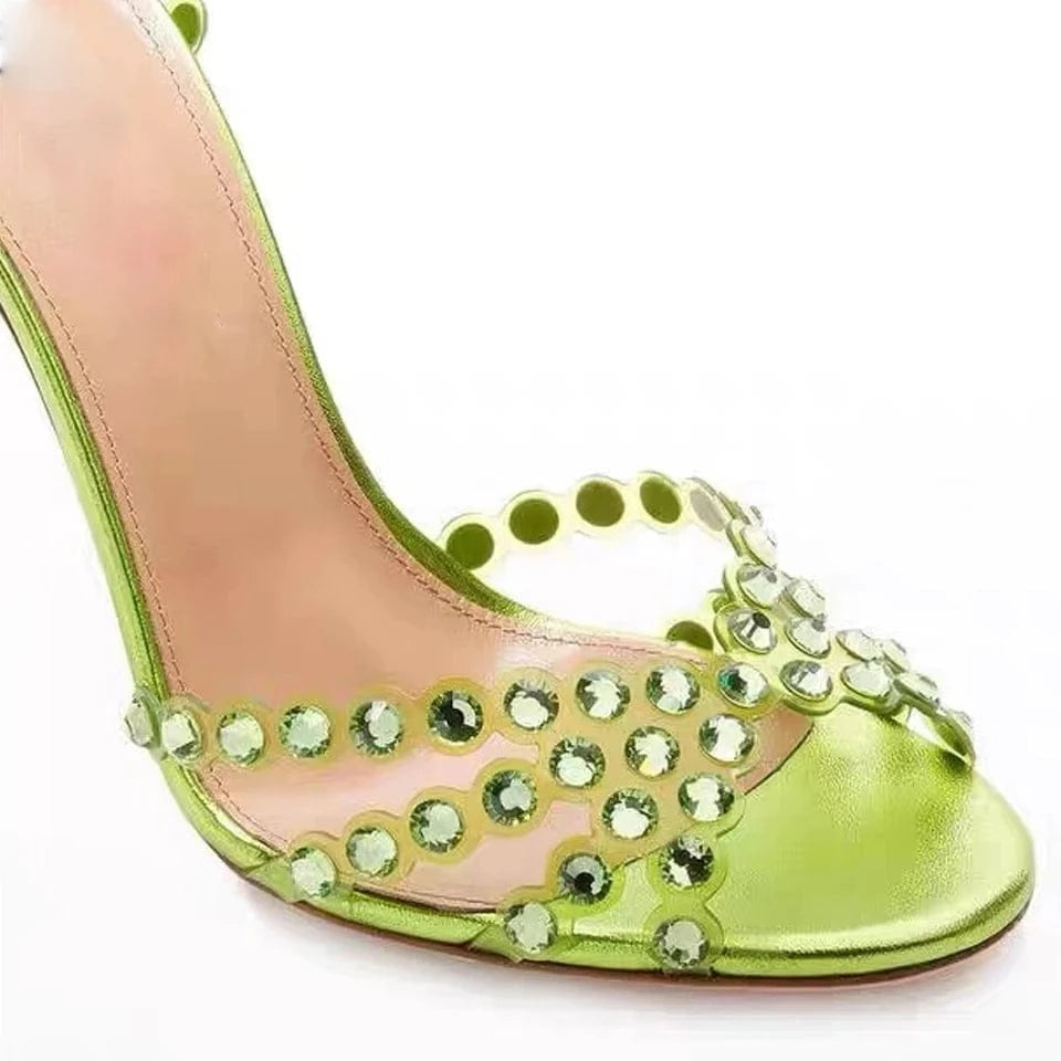 Chaussures Femme Luxury Solid Color Rhinestone Decor Mujer Zapatos Ankle Strap Hollow Out High Heel Sandals Ladies Dress Sandals