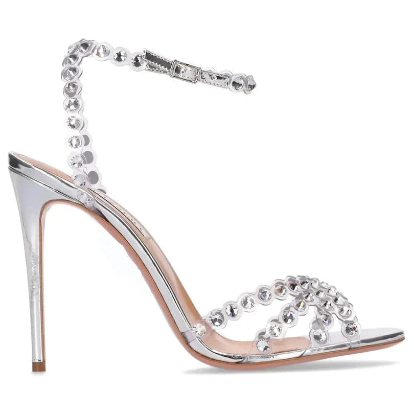 Chaussures Femme Luxury Solid Color Rhinestone Decor Mujer Zapatos Ankle Strap Hollow Out High Heel Sandals Ladies Dress Sandals