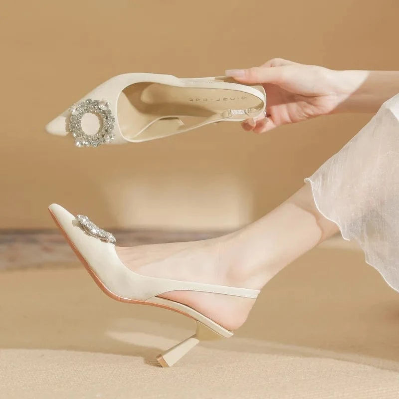 Chaussures Femme Sexy Microfiber Rhinestone Buckle Zapatos De Mujer Pointed-toe Slingback High Heel Sandals Ladies Party Sandals
