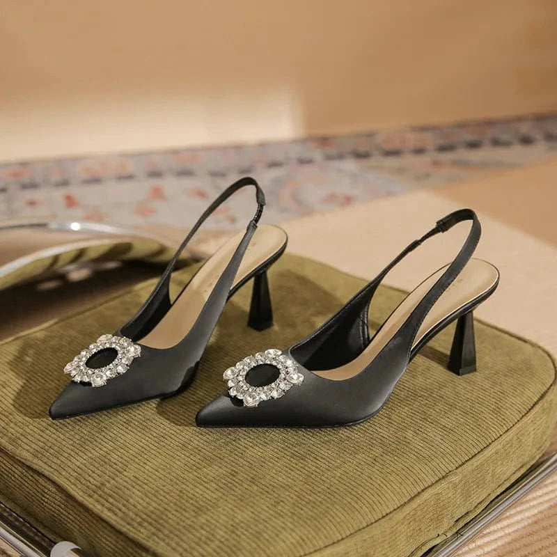 Chaussures Femme Sexy Microfiber Rhinestone Buckle Zapatos De Mujer Pointed-toe Slingback High Heel Sandals Ladies Party Sandals