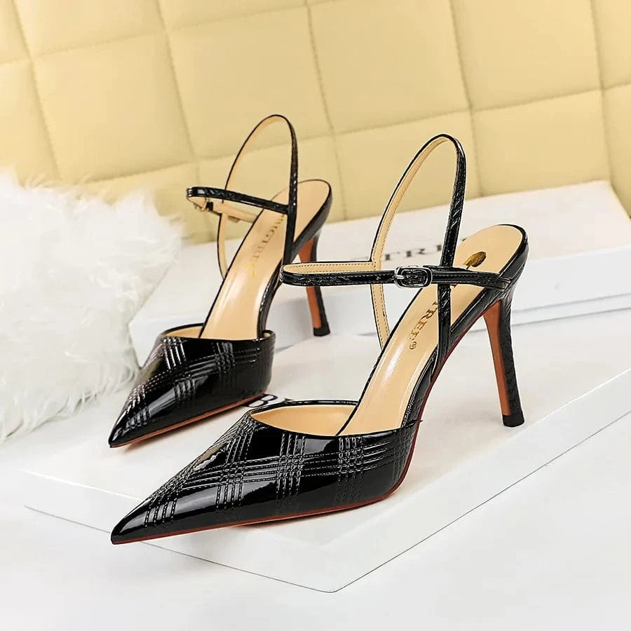 Chaussures Femme Sexy Patent Leather Pointed-toe Shoes Ankle Strap Hollow Out High Heel Sandals Ladies Nightclub Party Sandalias