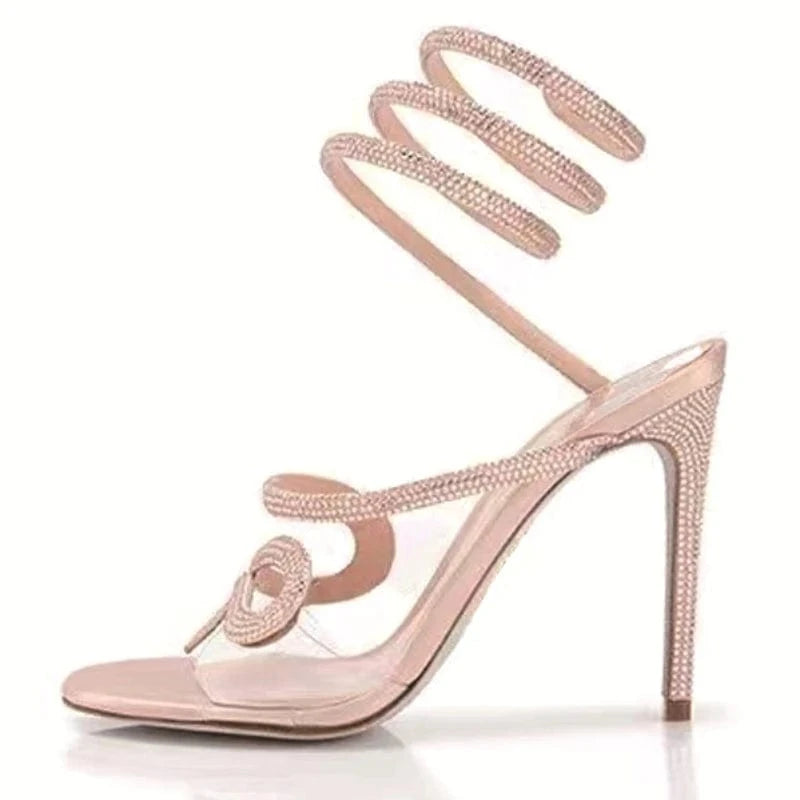Chaussures Femme Sexy Transparent Rhinestone Decor Mujer Shoes Cross Strap Lace Up High Heel Sandals Ladies Dating Party Sandals
