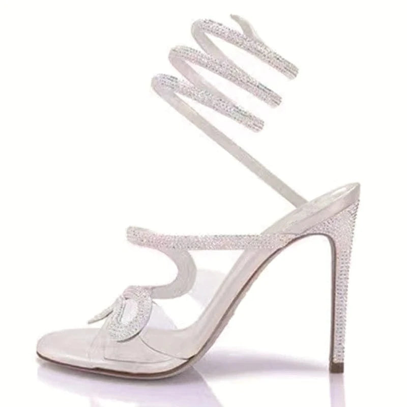 Chaussures Femme Sexy Transparent Rhinestone Decor Mujer Shoes Cross Strap Lace Up High Heel Sandals Ladies Dating Party Sandals
