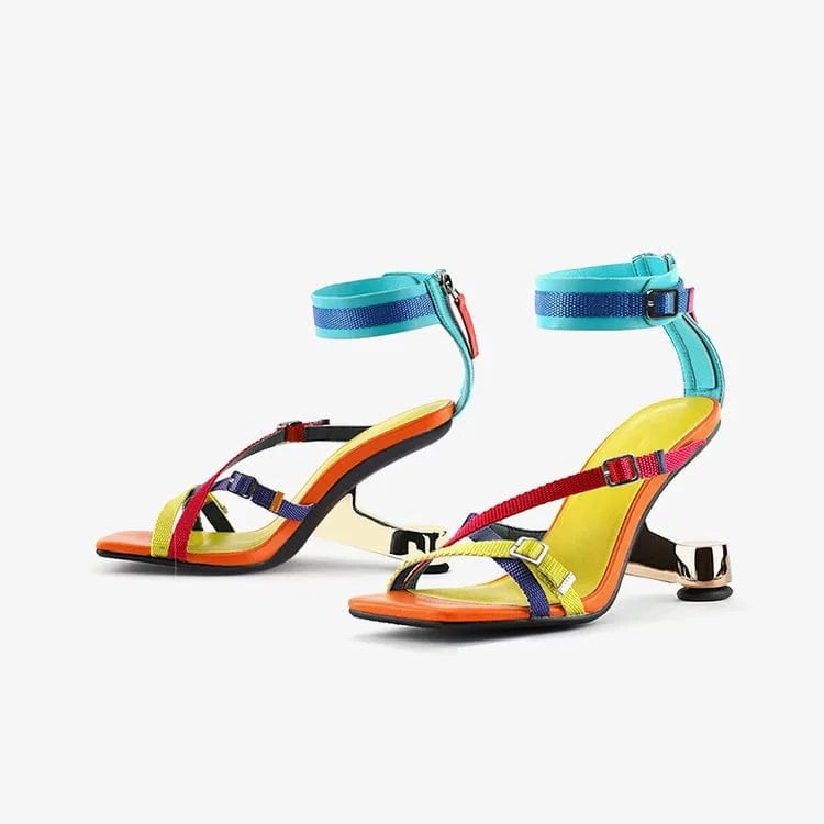 Chaussures Femme Versatile Color Patchwork Zippers Shoes Side Hollow Out Ankle Strap High Heel Sandals For Ladies Dating Sandals