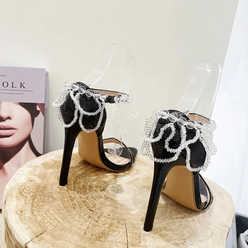 Chaussures Talon Zapatos Shoes Vendor Crystal Beaded Stiletto Pointed Toe Mule Heels for Women