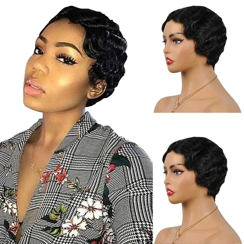Cheap Brazilian Remy Hair Short Wet and Wavy Pixie Cut Wig Ocean Wave Finger Wave None Lace Human Hair Wig for Black Women