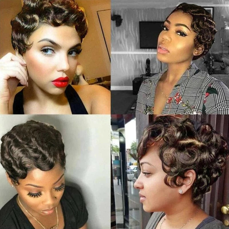 Cheap Brazilian Remy Hair Short Wet and Wavy Pixie Cut Wig Ocean Wave Finger Wave None Lace Human Hair Wig for Black Women
