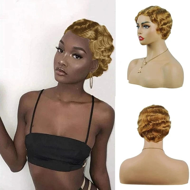 Cheap Brazilian Remy Hair Short Wet and Wavy Pixie Cut Wig Ocean Wave Finger Wave None Lace Human Hair Wig for Black Women