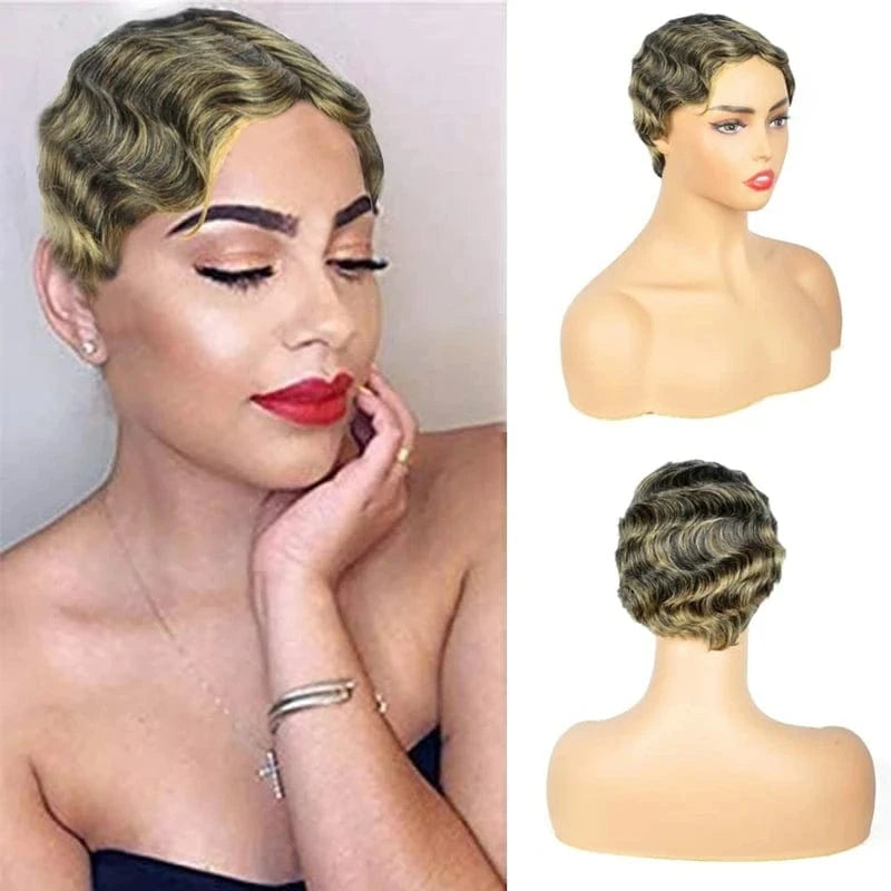 Cheap Brazilian Remy Hair Short Wet and Wavy Pixie Cut Wig Ocean Wave Finger Wave None Lace Human Hair Wig for Black Women