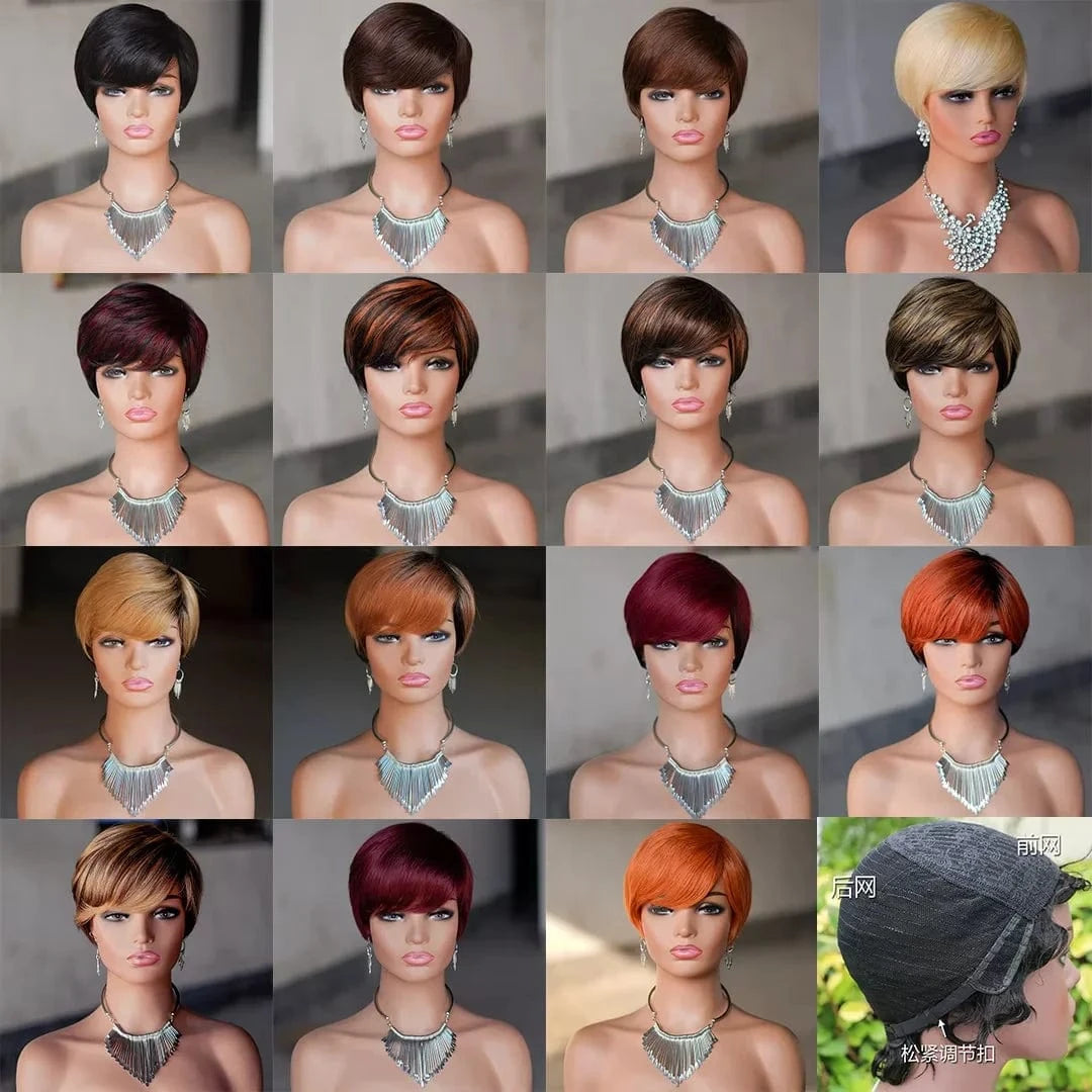 Cheap Glueless Machine Made Natural Color Wigs Human Hair, Short Pixie Cut Human Hair Wigs, Short Bob Wigs for Black Womens