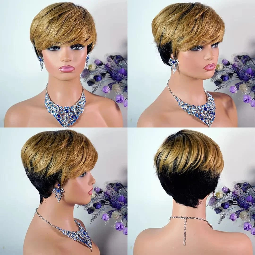 Cheap Glueless Machine Made Natural Color Wigs Human Hair, Short Pixie Cut Human Hair Wigs, Short Bob Wigs for Black Womens