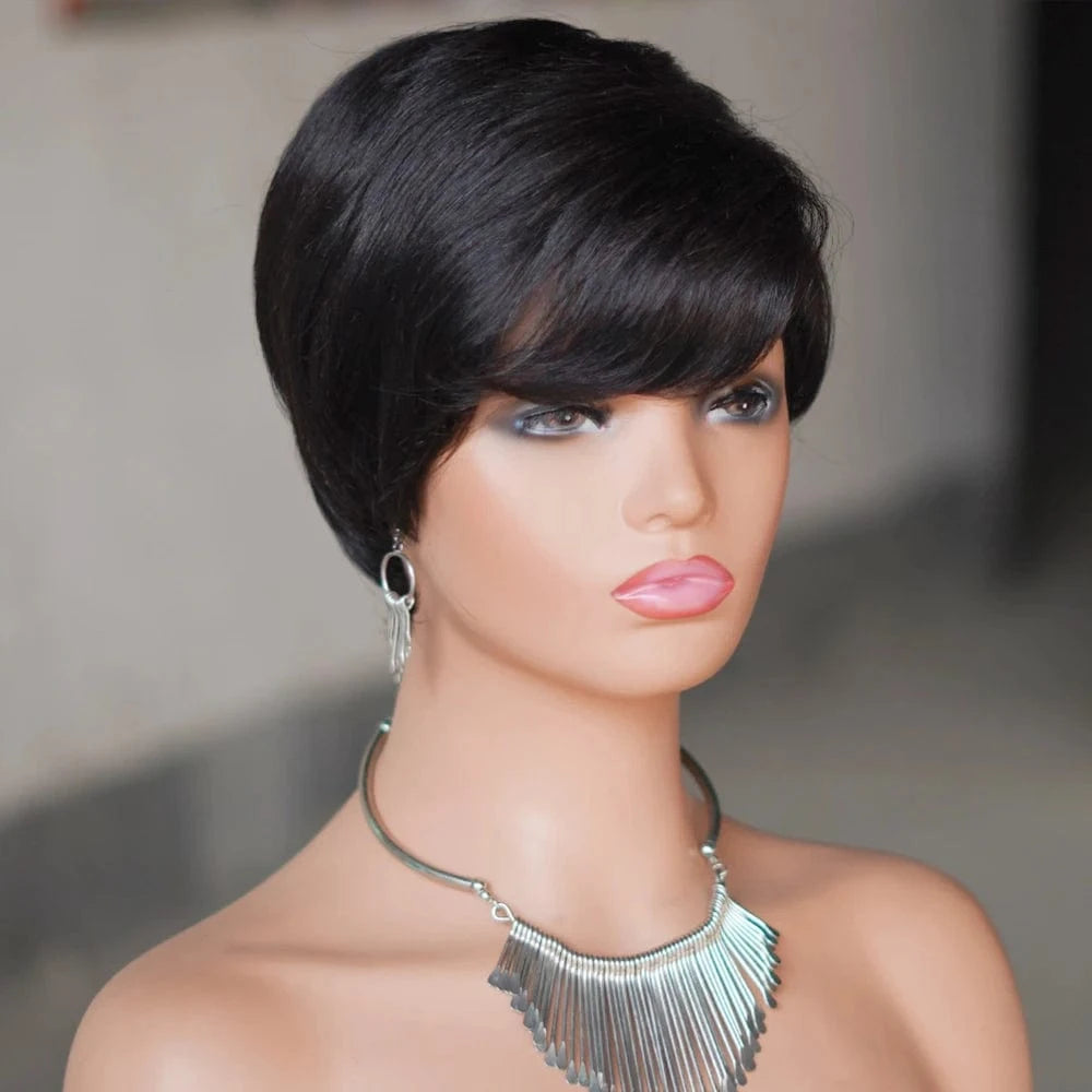 Cheap Glueless Machine Made Natural Color Wigs Human Hair, Short Pixie Cut Human Hair Wigs, Short Bob Wigs for Black Womens