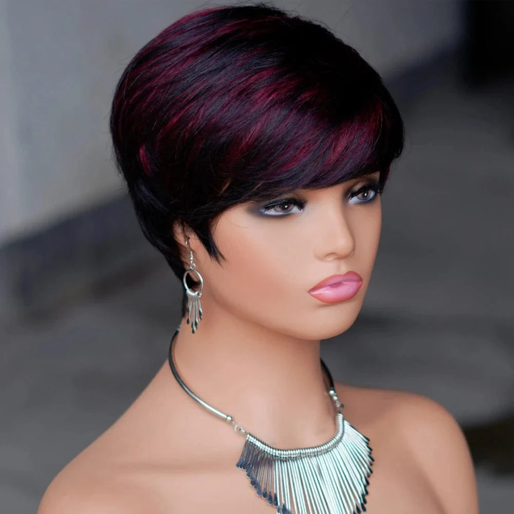 Cheap Glueless Machine Made Natural Color Wigs Human Hair, Short Pixie Cut Human Hair Wigs, Short Bob Wigs for Black Womens