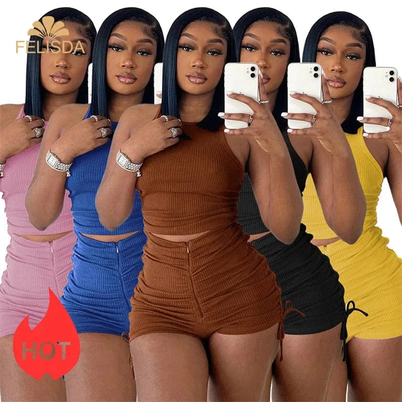 Cheap Summer Crop Top Tank Sets Women Casual Two Piece Set Sexy Cotton Vest High Waist Pleated Knitted 2 Piece Short Set