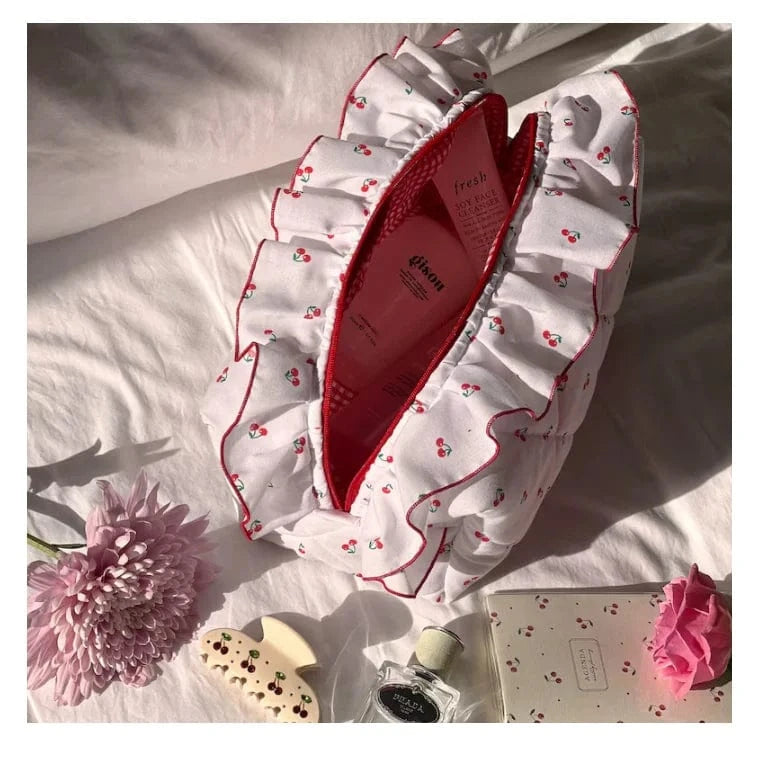 cherry YY Handmade Makeup Bag Frilly Pink Floral Bow Pattern With Pink Gingham Lining Quilted Toiletry Travel cosmetic Skincare Bag.