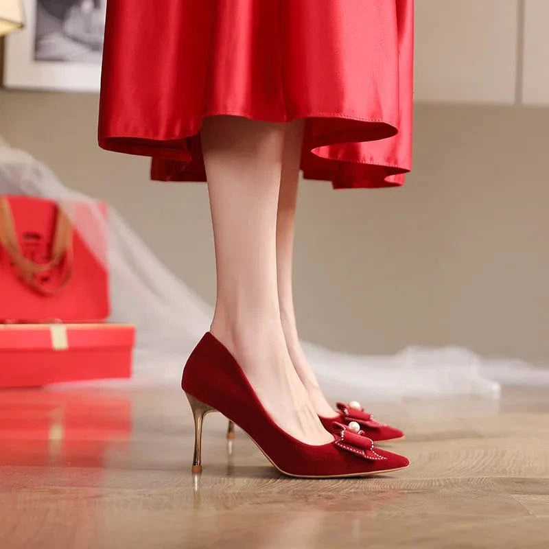 China Latest Women's Red High Heel Spring Single Shoes Elegant Bow Bridesmaid Shoes women high heel shoes