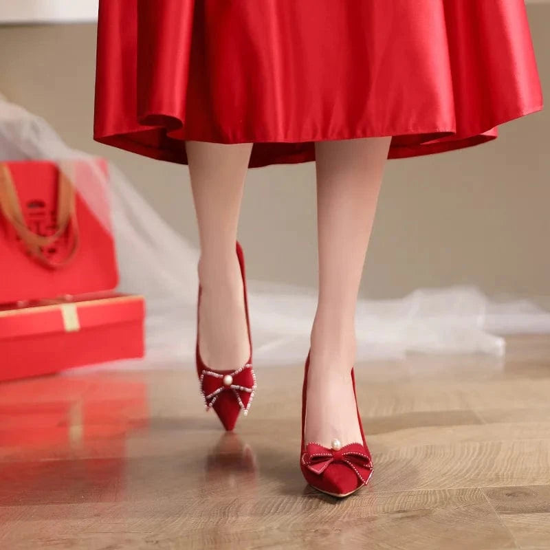 China Latest Women's Red High Heel Spring Single Shoes Elegant Bow Bridesmaid Shoes women high heel shoes