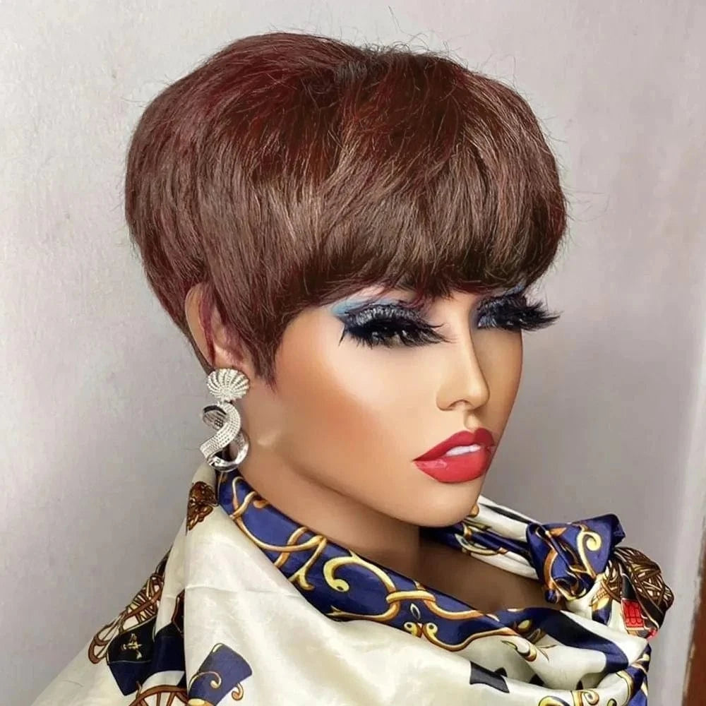 Chocolate Brown / United States / 6inches Brown Short Pixie Cut Wig Human Hair For Black Women Machine Made Wigs With Bangs Colored Brazilian Wig Human Hair Wigs