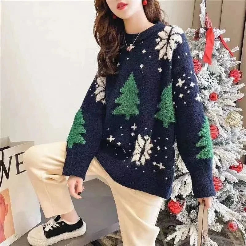 Christmas themed high quality Christmas sweater custom knitted plus size crew neck pullover wool knitted women's sweater