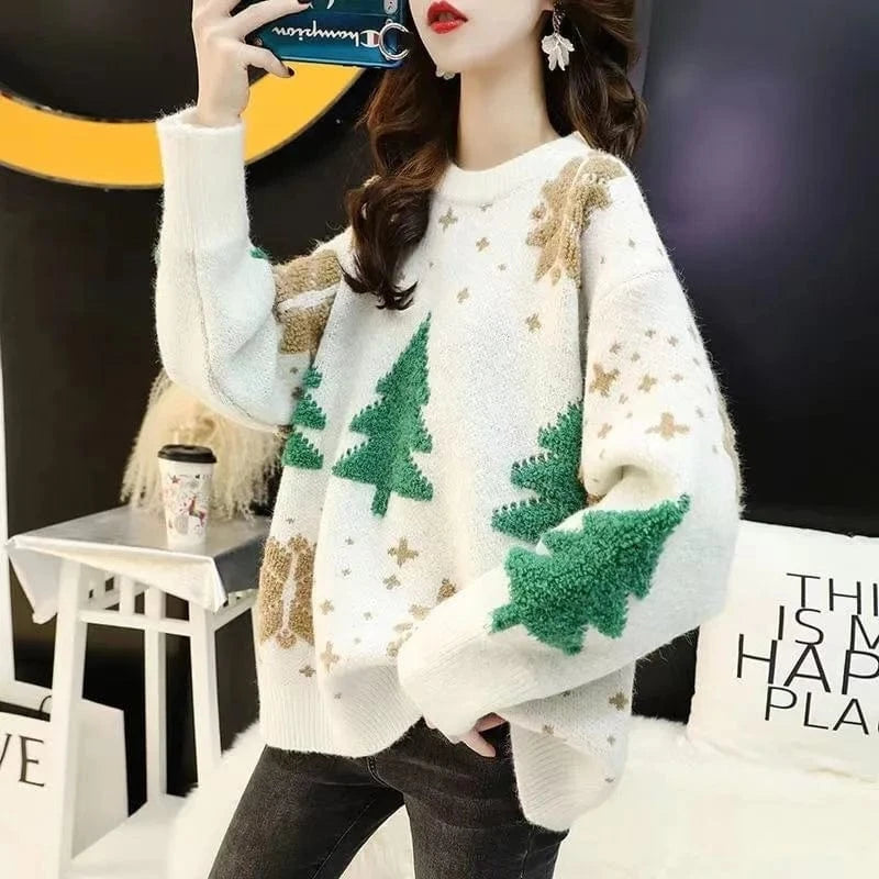 Christmas themed high quality Christmas sweater custom knitted plus size crew neck pullover wool knitted women's sweater