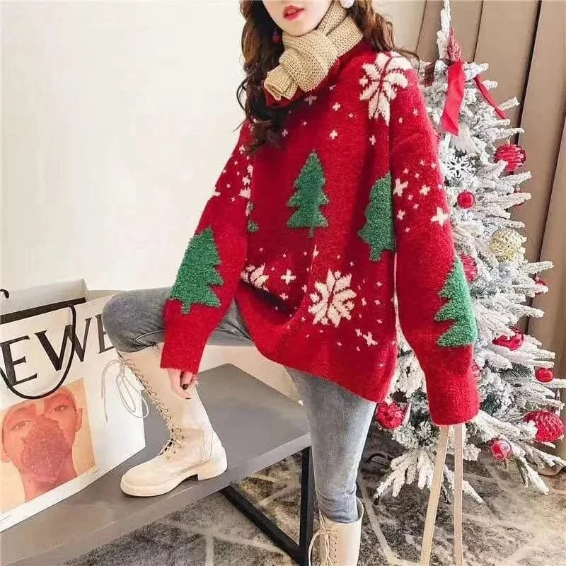 Christmas themed high quality Christmas sweater custom knitted plus size crew neck pullover wool knitted women's sweater