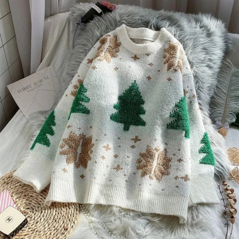 Christmas themed high quality Christmas sweater custom knitted plus size crew neck pullover wool knitted women's sweater
