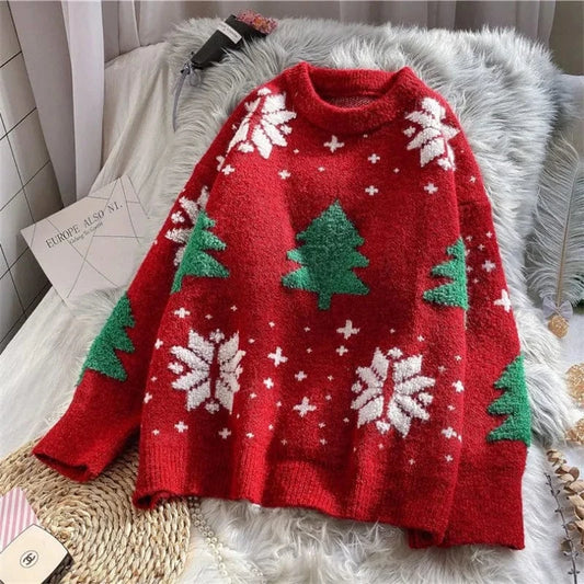Christmas themed high quality Christmas sweater custom knitted plus size crew neck pullover wool knitted women's sweater