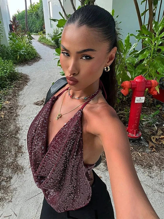 Claret / S Weird Puss Y2K Sequins Sexy Camisole Women Backless Swing Collar Glitter Beach Vacation Wild Midnight Club Summer Trend Vest