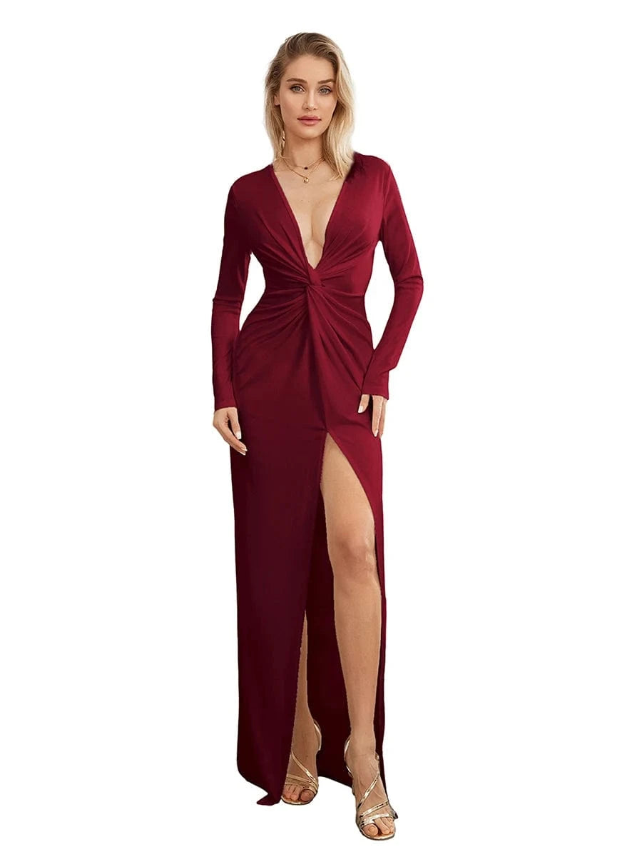 Claret / S Women's Twist Front Party Dress Elegant Long Sleeve Deep V Neck Bodycon Long Dresses Female Solid Color Formal Evening Gown