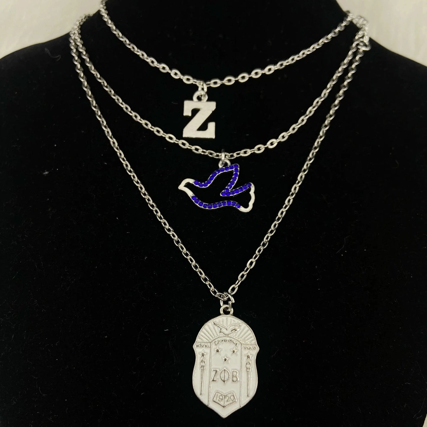 classic / 1 Custom Zeta Phi Beta Sorority Silver Greek Letter Z Rhinestone Dove White Shield Pendants 3 Layers Necklace Set Jewelry