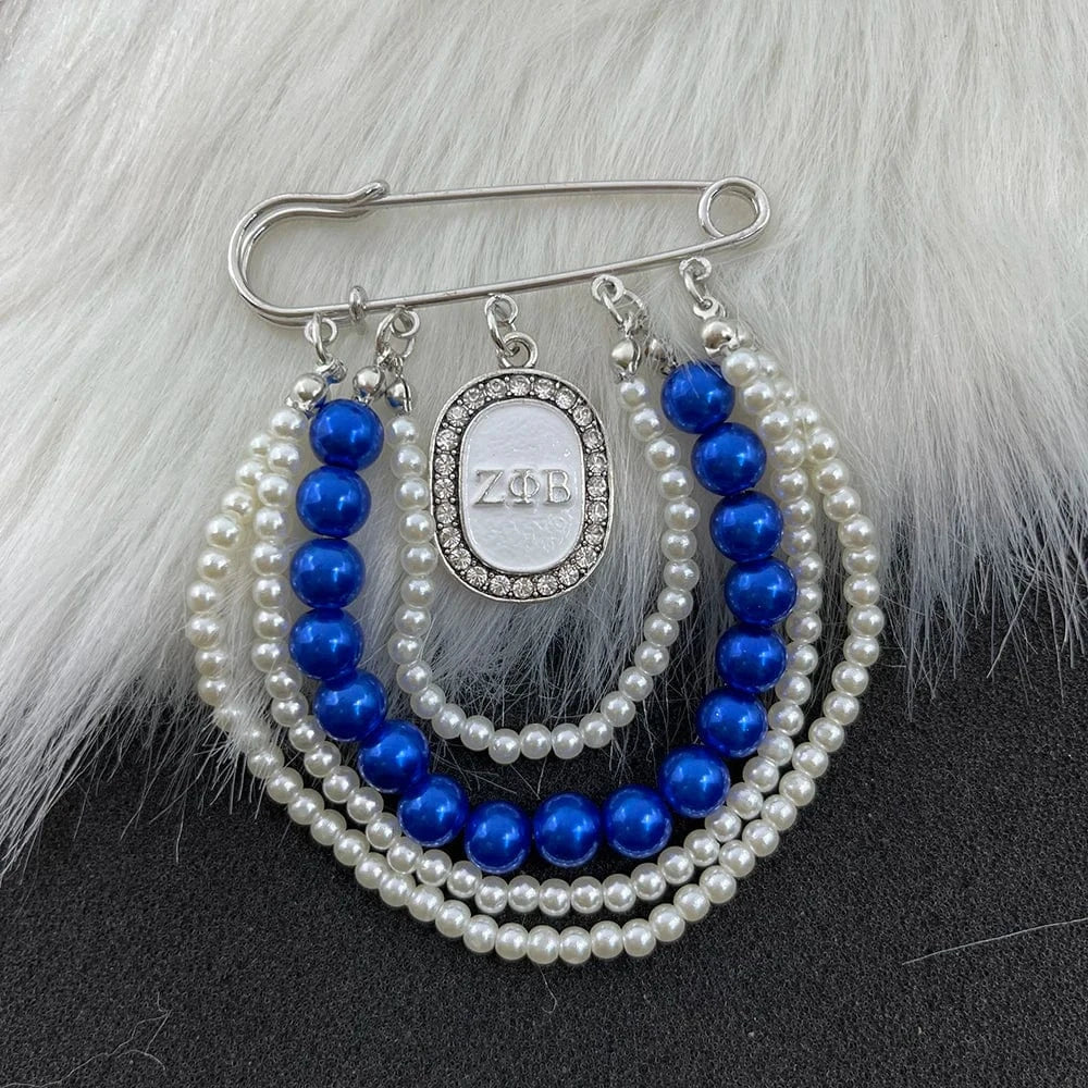 classic / 1 / Silver Plated ZPB Greek Sisters Club Club Logo Letter Badge Shield Pendant Pearl Rhinestone brooch Women's Jewelry