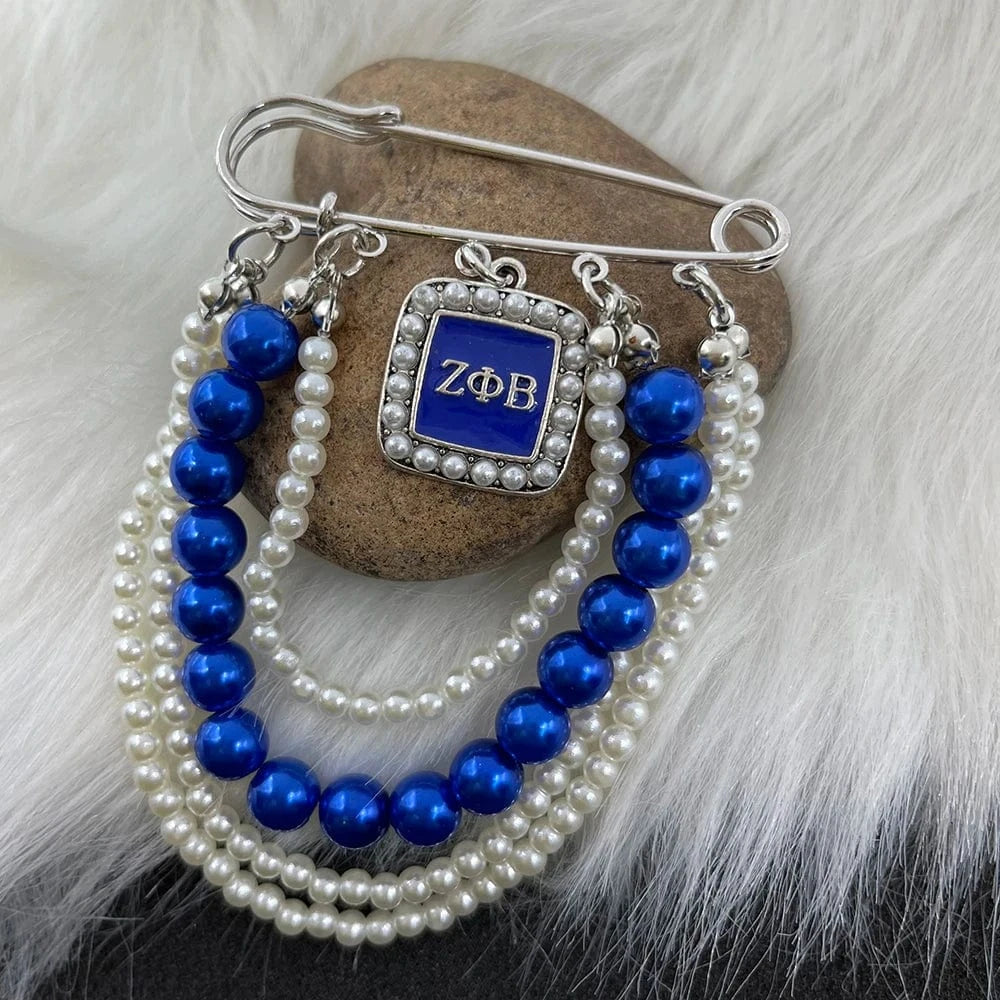 classic / 12 / Silver Plated ZPB Greek Sisters Club Club Logo Letter Badge Shield Pendant Pearl Rhinestone brooch Women's Jewelry