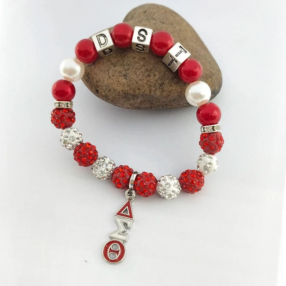 classic / 19CM / 3 Custom Sorority Letters DELTA DST University Black Women Society Metal Bead Charm Handmade Pearl Elastic Bracelet Bangle Jewelry