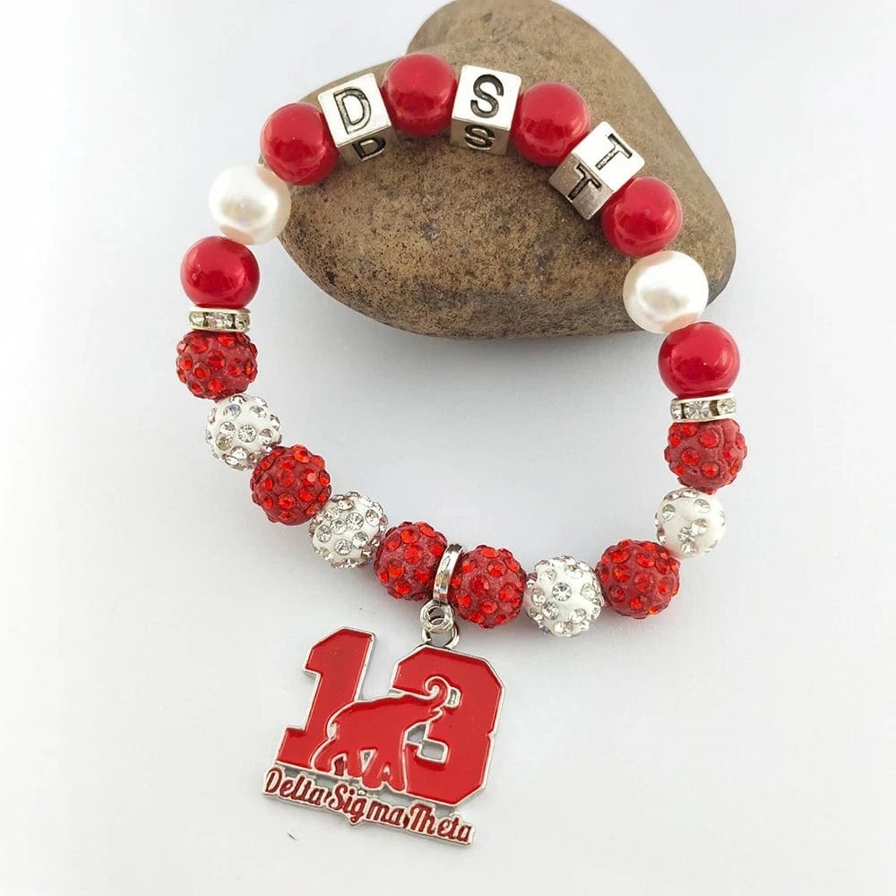 classic / 19CM / 7 Custom Sorority Letters DELTA DST University Black Women Society Metal Bead Charm Handmade Pearl Elastic Bracelet Bangle Jewelry