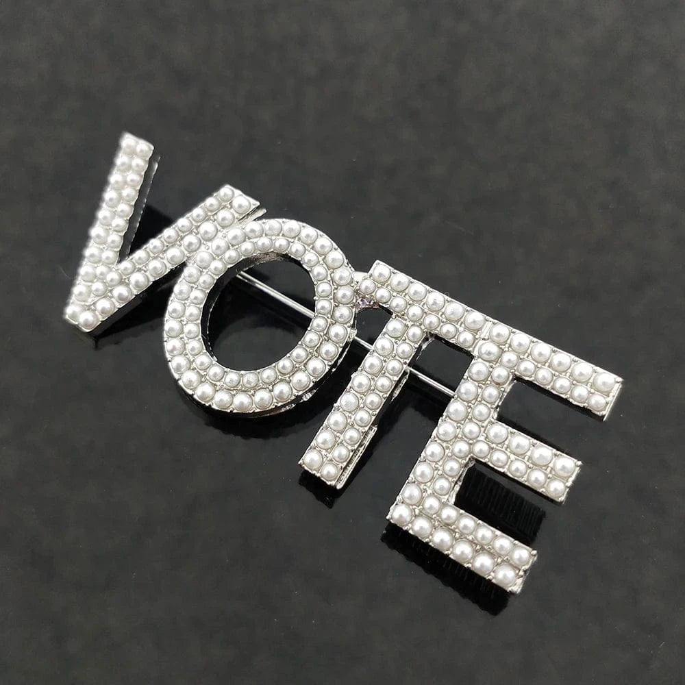 classic / double / Silver Plated Custom VOTE Letter Brooch White Pearl Single Double Layers Lapel Pins Party Gift Jewelry