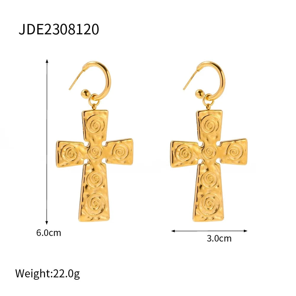 CLASSIC / E1848 E1848 Design Spiral Hammer Cross Pendant Earrings 18k Stainless Steel PVD Gold Plated CC Drop Earring For Women