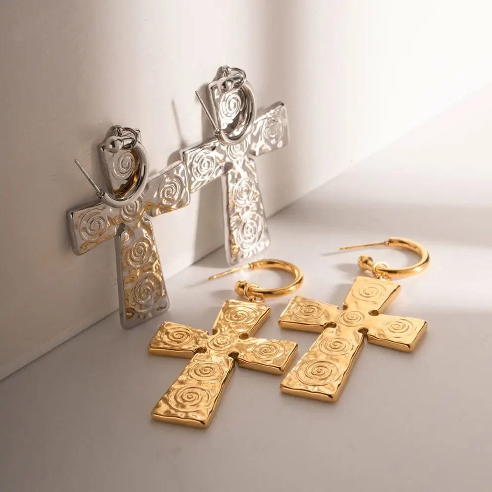 CLASSIC / E1848 E1848 Design Spiral Hammer Cross Pendant Earrings 18k Stainless Steel PVD Gold Plated CC Drop Earring For Women