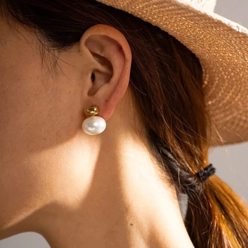 CLASSIC / E2040 E2040 Trendy 18K Real Gold Plated Texture Ball Earring Stainless Steel Classic Pearl Stub Earring for Women