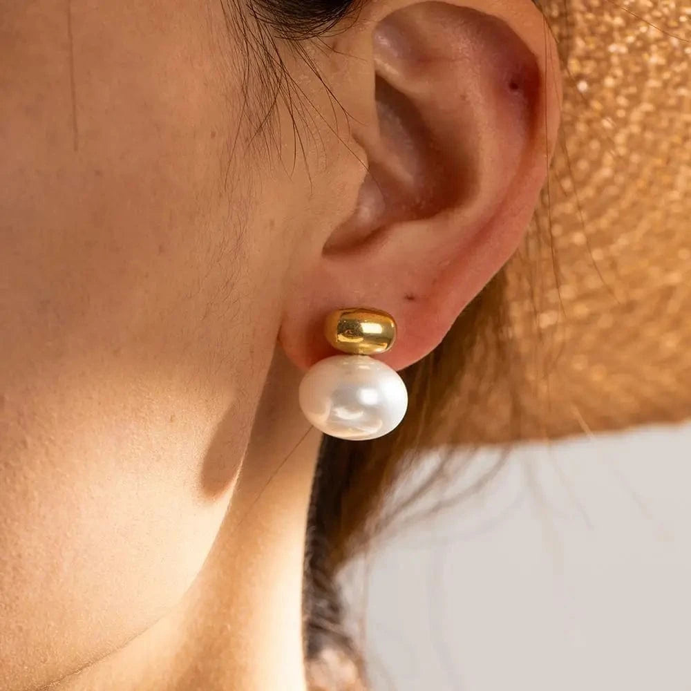 CLASSIC / E2040 E2040 Trendy 18K Real Gold Plated Texture Ball Earring Stainless Steel Classic Pearl Stub Earring for Women