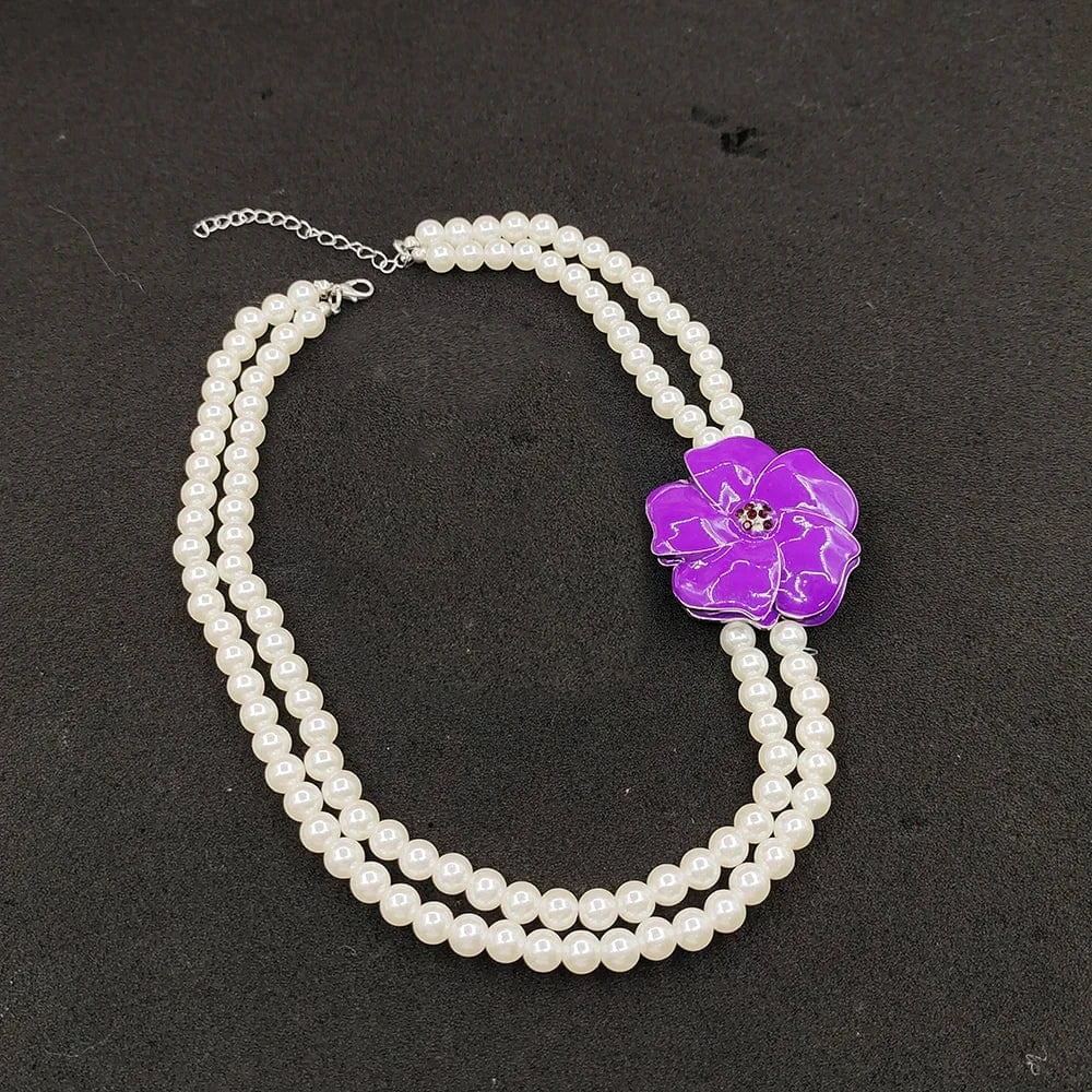 classic / necklace Delta White Pearl African Violet Purple Flower Pendant Necklace Bracelet Set Crystal Spacers Necklace Bangle Jewelry